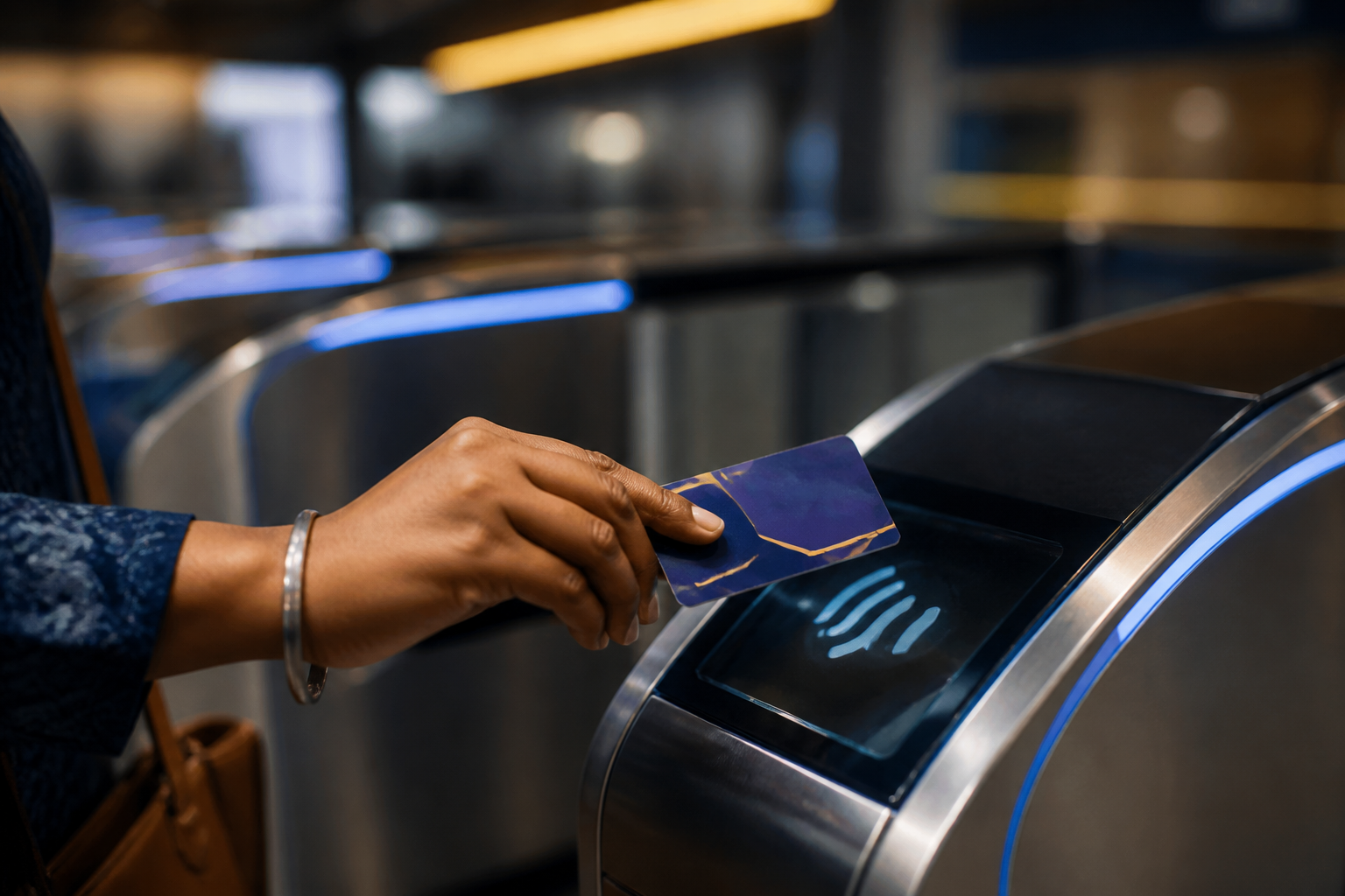 Passenger tapping NCMC smart card at metro gate