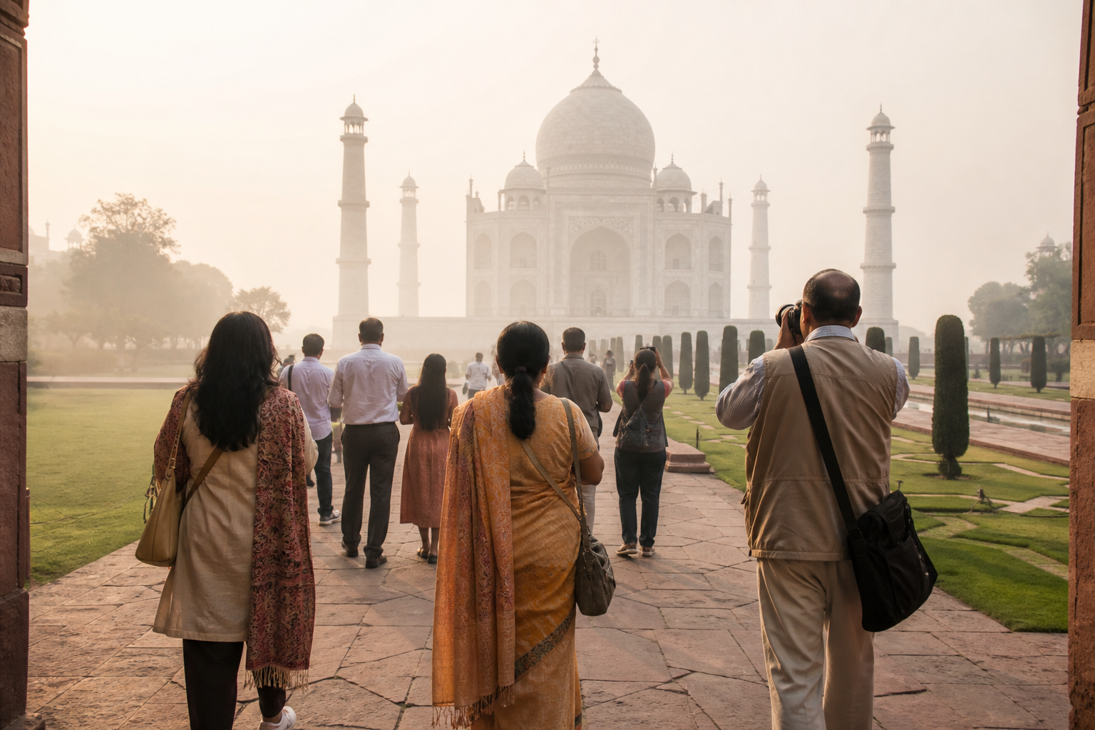 Tourists visiting Taj Mahal in the morning after metro access