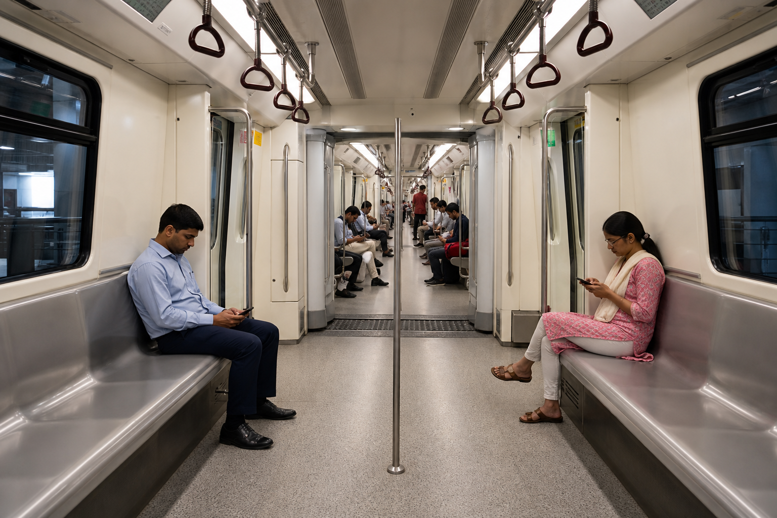 Interior of a modern three coach Agra Metro style train